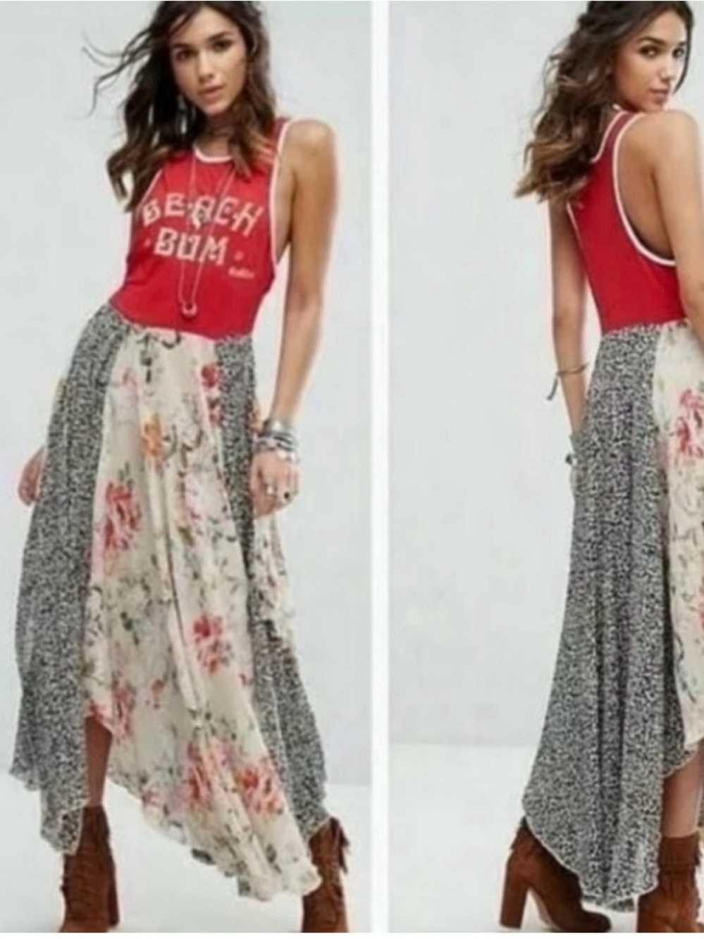 Free people Beach Bum Red Tank Maxi Dress with Floral & Leopard Panels